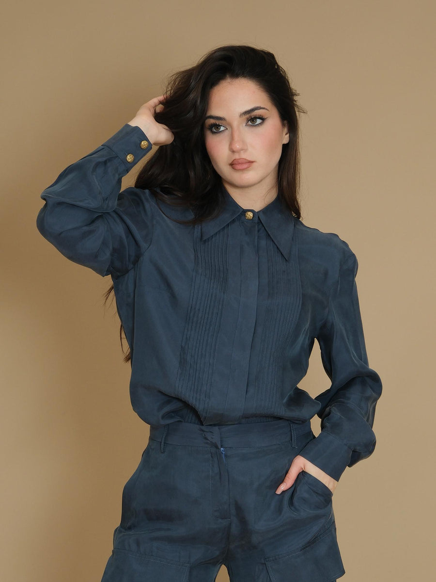 Camicia fluida Silence Limited blu plissè frontale CA761 BLU Silence Limited 