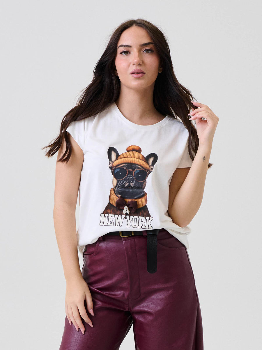 T-Shirt Vicolo bianca con bulldogs con perline e fiocco RF0111 BIA Vicolo 