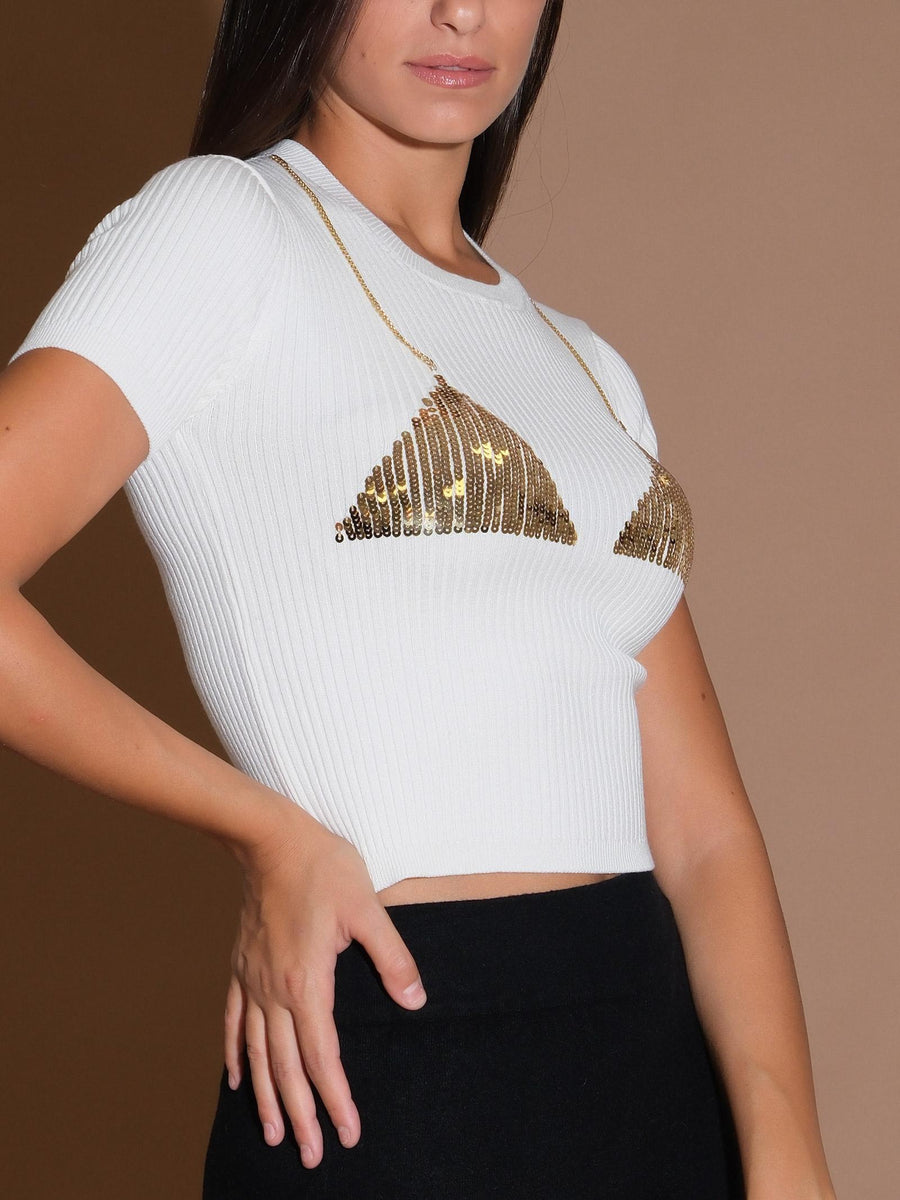 T-shirt a costine con triangoli in pailettes 22237R PAN/ORO Vicolo 