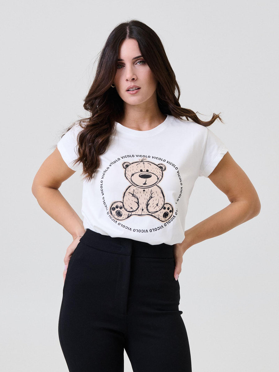 T-Shirt Vicolo bianca con stampa teddy e logo ripetuto circolare RF0386 BIANCO Vicolo 