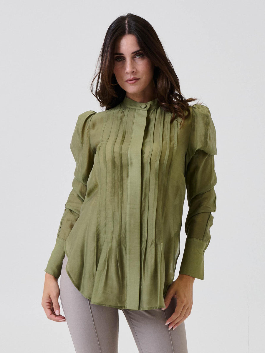 Camicia semi trasparente Bohemian Vì verde militare con plissé CA277A MILITARY Bohemian V 