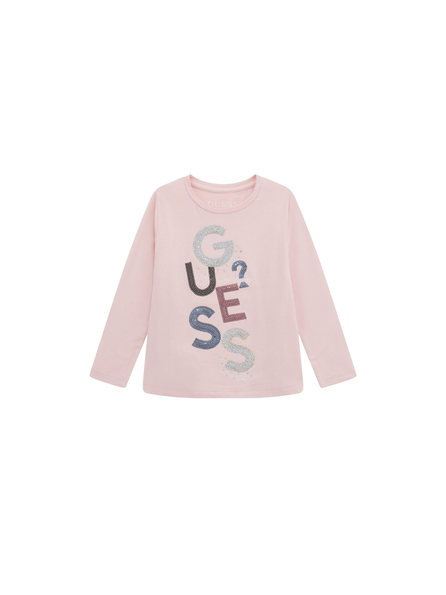 T-Shirt a maniche lunghe Guess rosa con scritta glitter multicolor K5YI26KAPO0 G65U Guess 