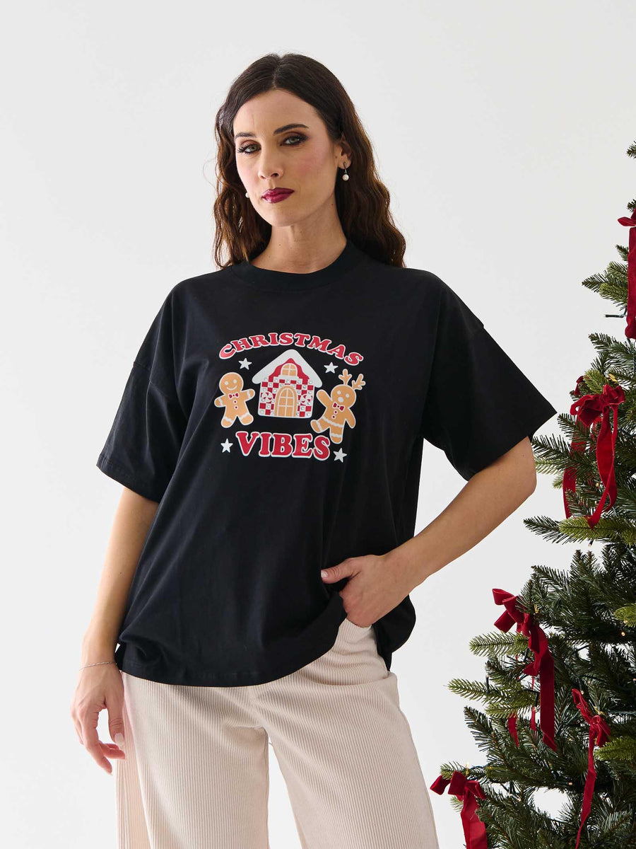 T-Shirt over Vicolo nera con stampa natalizia e strass RF0619 NERO Vicolo 