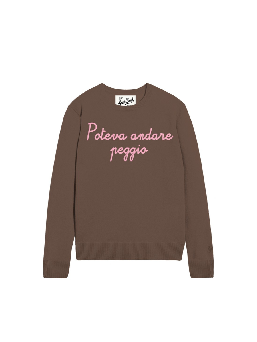 Maglione "18 emb" Saint Barth marrone con scritta "Poteva andare peggio" QUE0010 02115I MC2 SAINT BARTH 