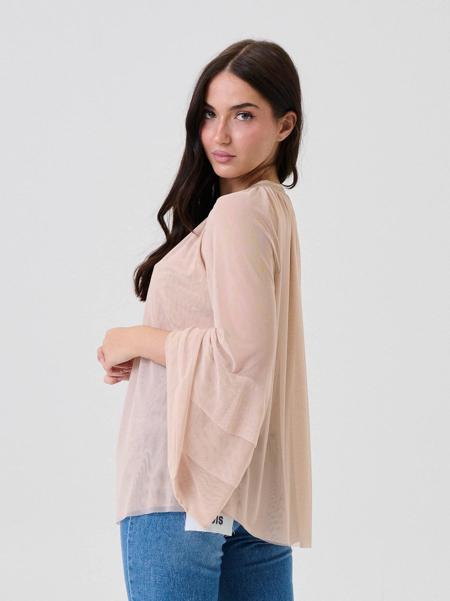 Blusa con maniche a balze Pho Firenze rosa e dettagli in lurex 4324096 NUDE PHO FIRENZE 