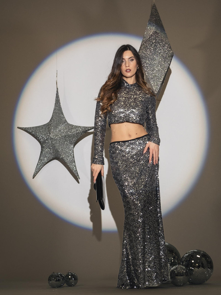 Maglia crop Haveone nera con pailletes argento RMAM038 GRIGIO Haveone 