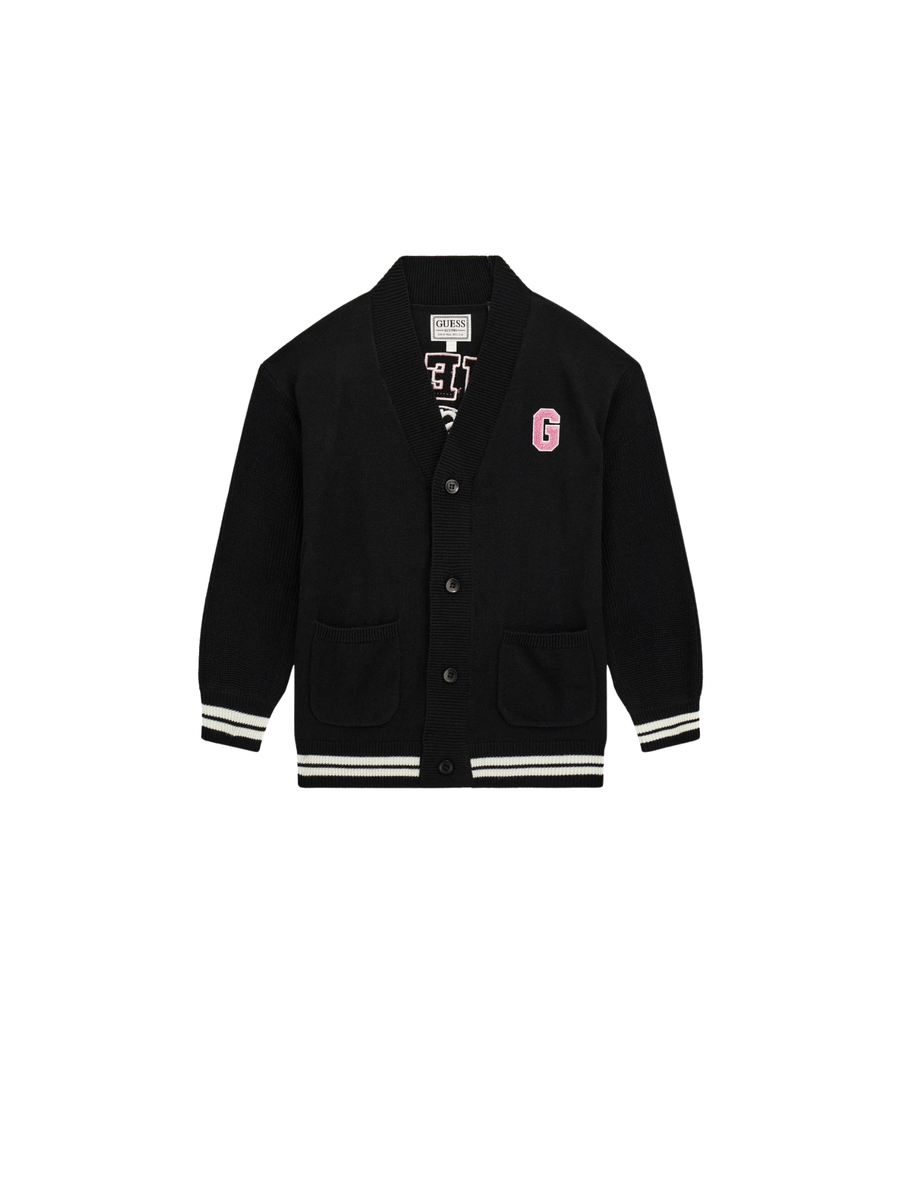Cardigan Guess nero con patch logo e scritta "los angeles" J5YR11Z3OF0 JBLK Guess 