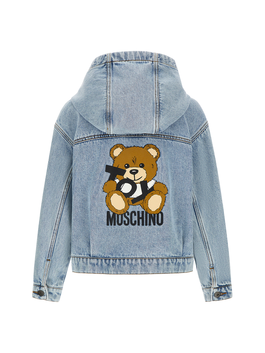 Giubbino Moschino azzurro in denim con orsetto iconico posteriore HUS052 40186 Moschino 