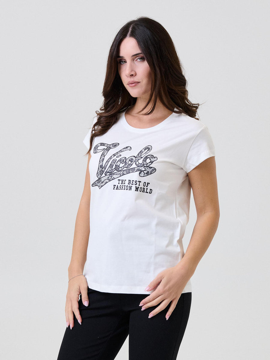 T-Shirt Vicolo bianca con stampa logo fantasia in pizzo RF0443 UNI Vicolo 