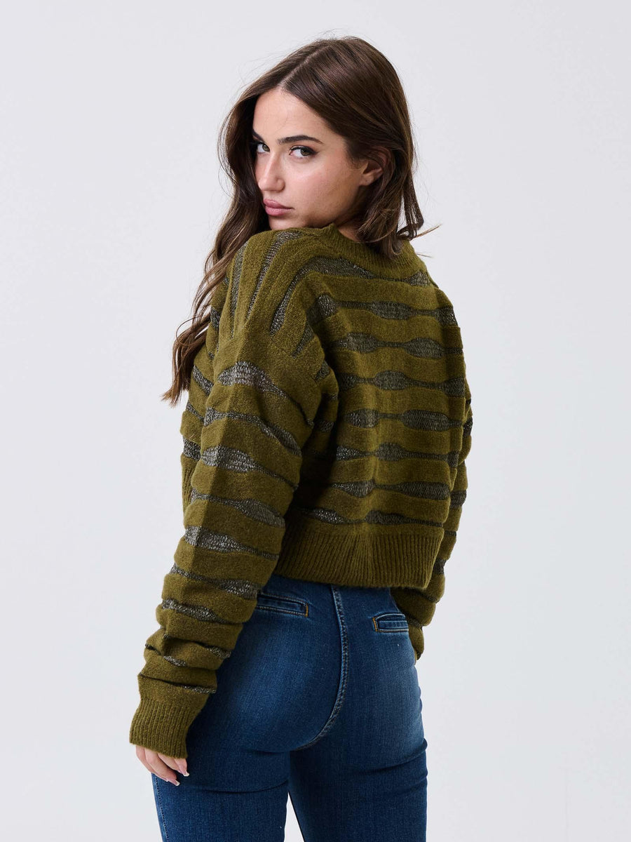 Maglione cropped Silence Limited verde militare a righe con inserti lurex IBD188 MILITARY Silence Limited 