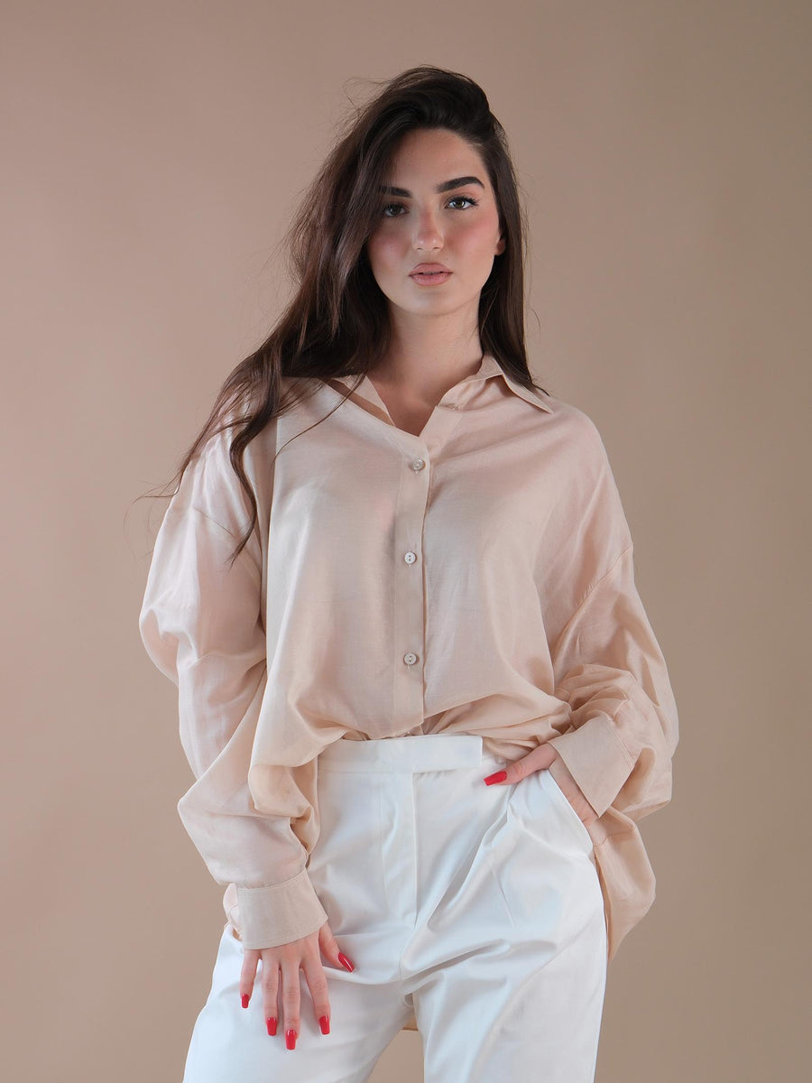 Camicia over beige velata in misto cotone e seta CA59B BEIGE Bohemian V 