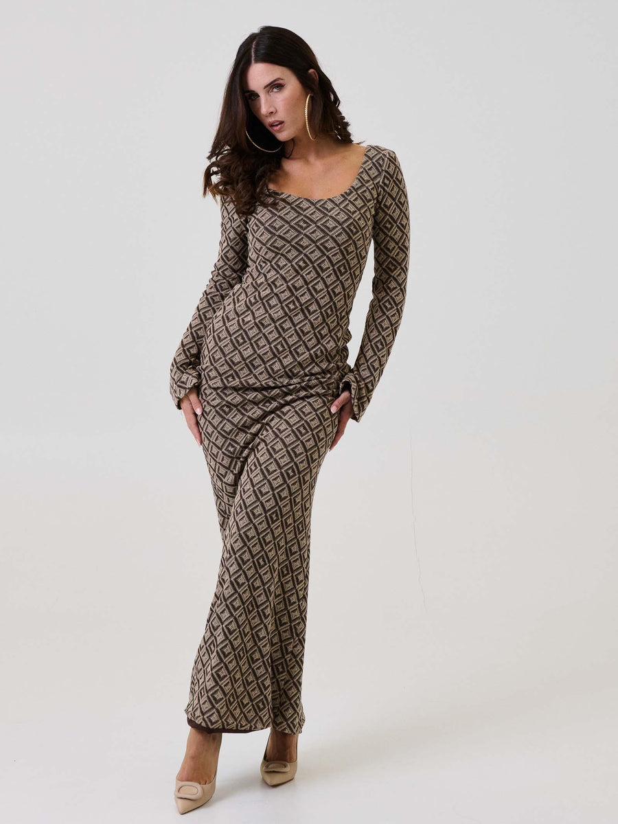 Abito lungo Bohemian Vì marrone con fantasia geometrica e scollo ampio BHAB001 UNI Bohemian V 