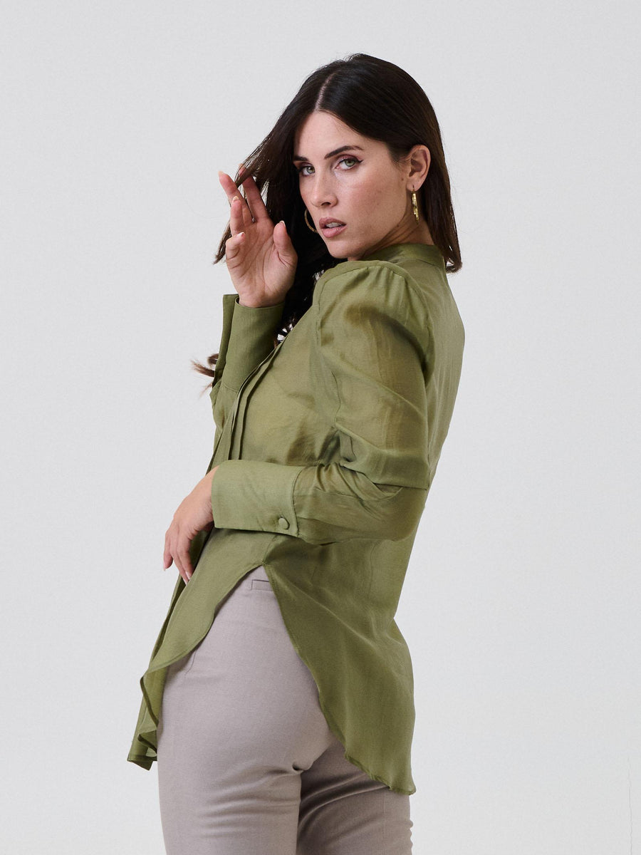 Camicia semi trasparente Bohemian Vì verde militare con plissé CA277A MILITARY Bohemian V 