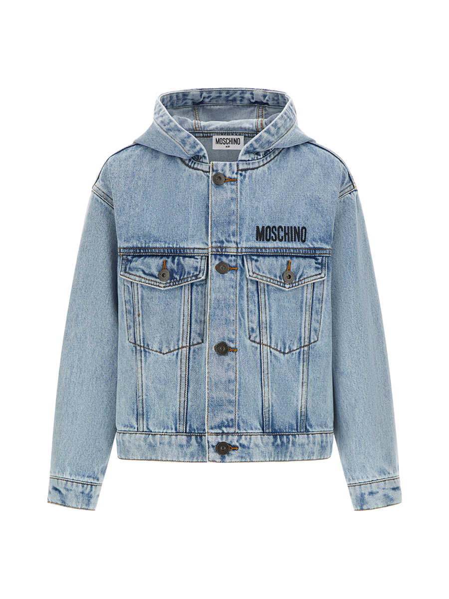 Giubbino Moschino azzurro in denim con orsetto iconico posteriore HUS052 40186 Moschino 