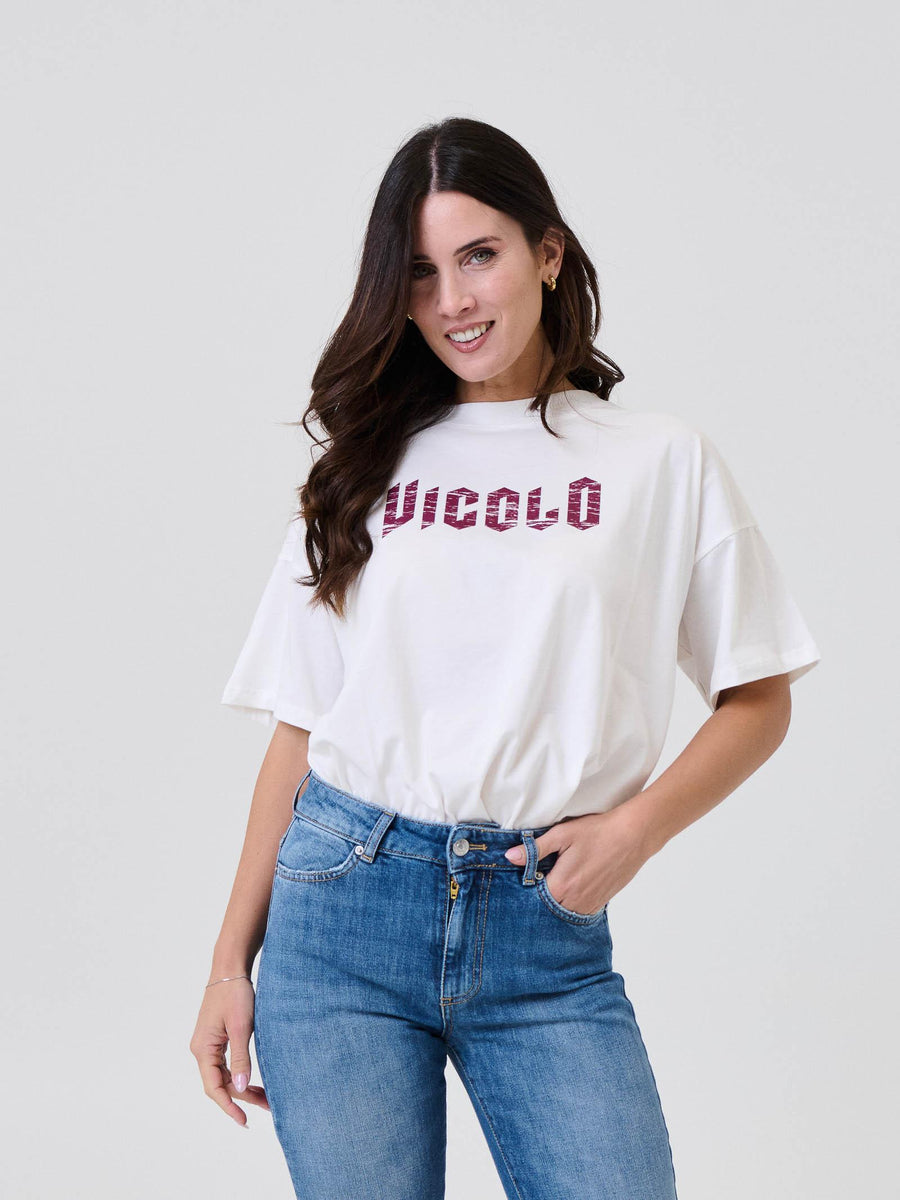 T-Shirt over Vicolo bianca con stampa "Vicolo" effetto used RF0257 BIA Vicolo 