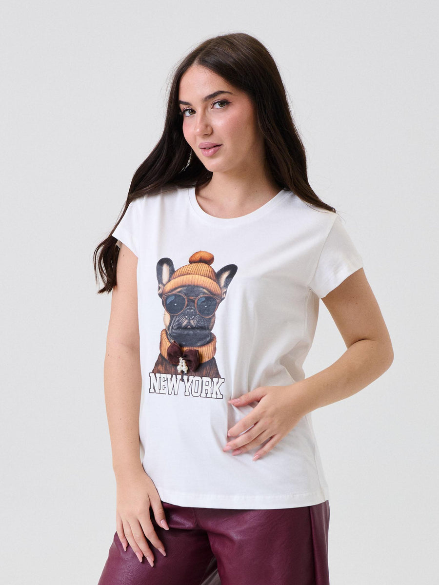 T-Shirt Vicolo bianca con bulldogs con perline e fiocco RF0111 BIA Vicolo 