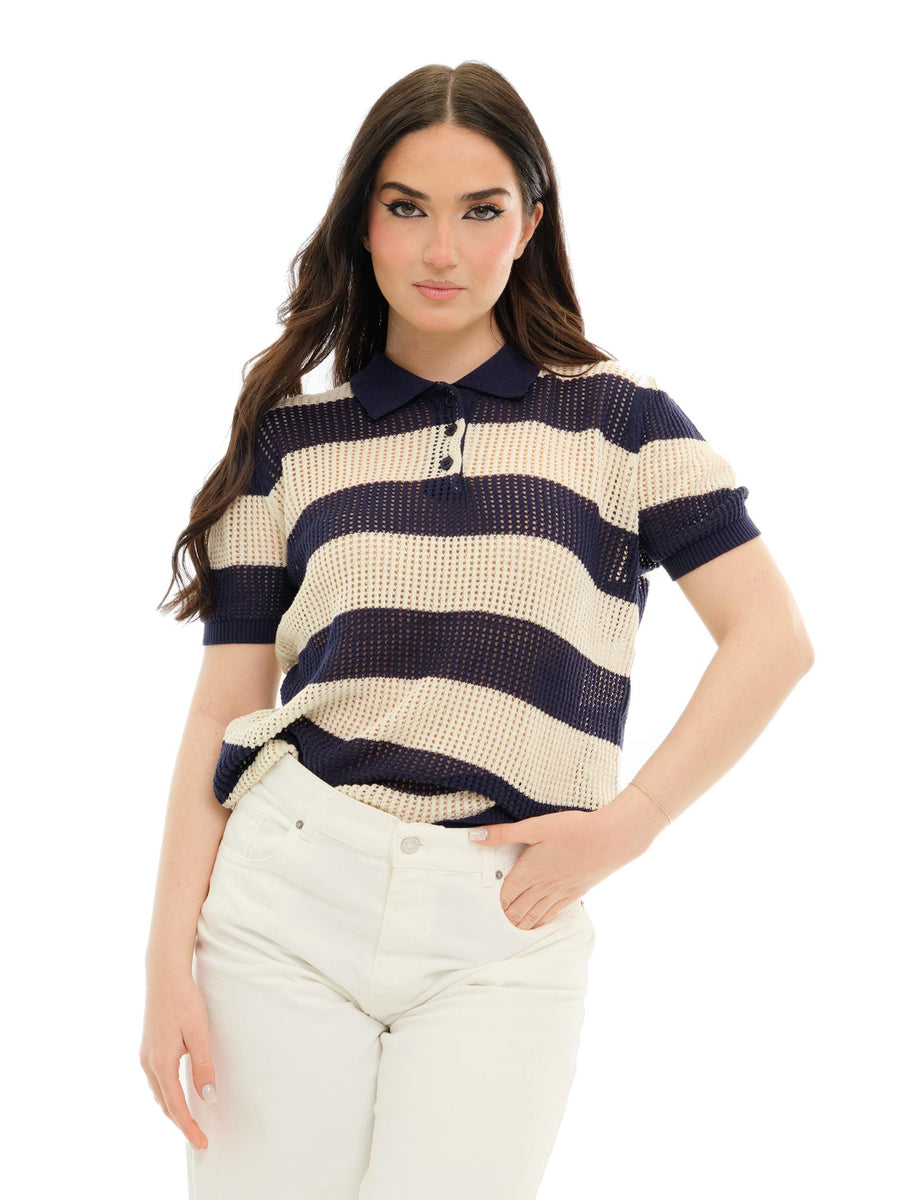 Maglia Vicolo a righe blu e panna traforata 22098D BLU/PANNA Vicolo 