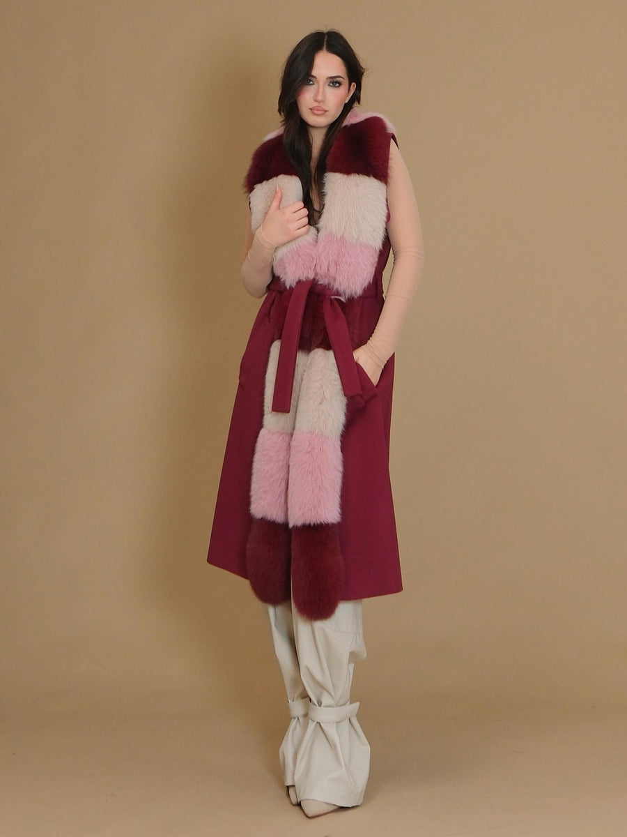 Cappotto lungo smanicato Yes London bordeaux con pelliccia multicolor CD1188VO BDX Yes london 