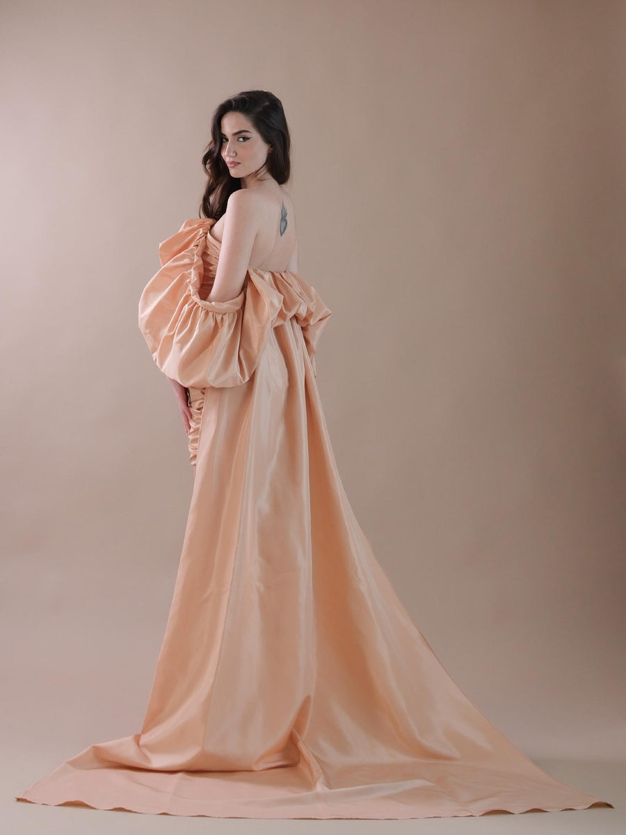 Abito oro corto drappeggiato con coda removibile SD40266 GOLD Silence Limited 