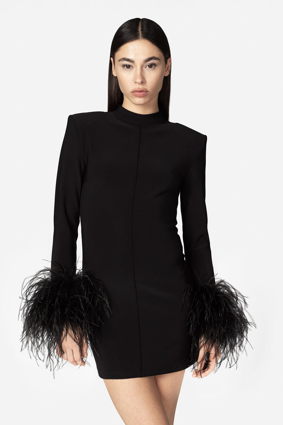 Abito corto "Teide" TwentyFourhaitch nero con piume ai polsi TEIDE NERO TwentyFourhaitch 