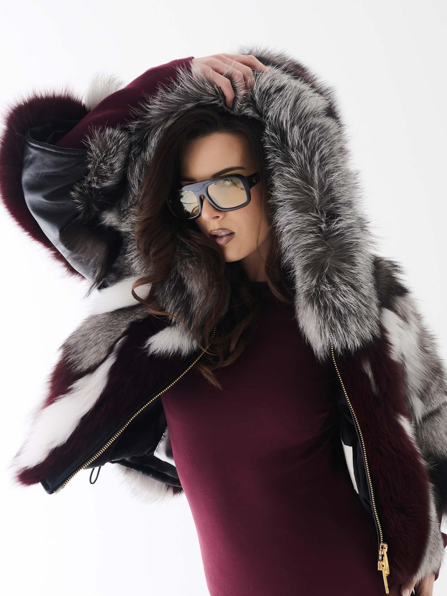 Pelliccia volpe Yes London grigia e bordeaux con inserti in pelle neri LC2012 GRIGIO Yes london 