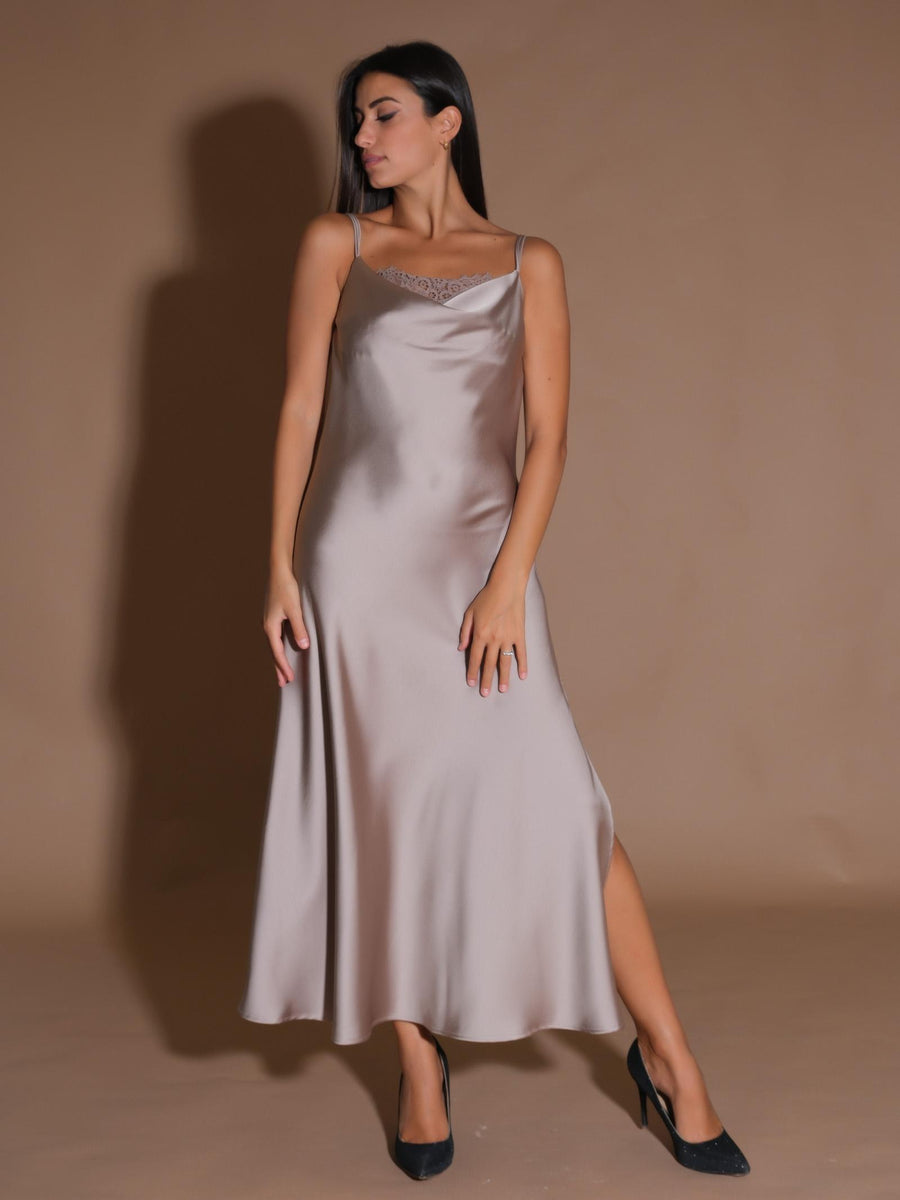 Abito lungo in raso tortora AEASGBA CASCIA Imperial 