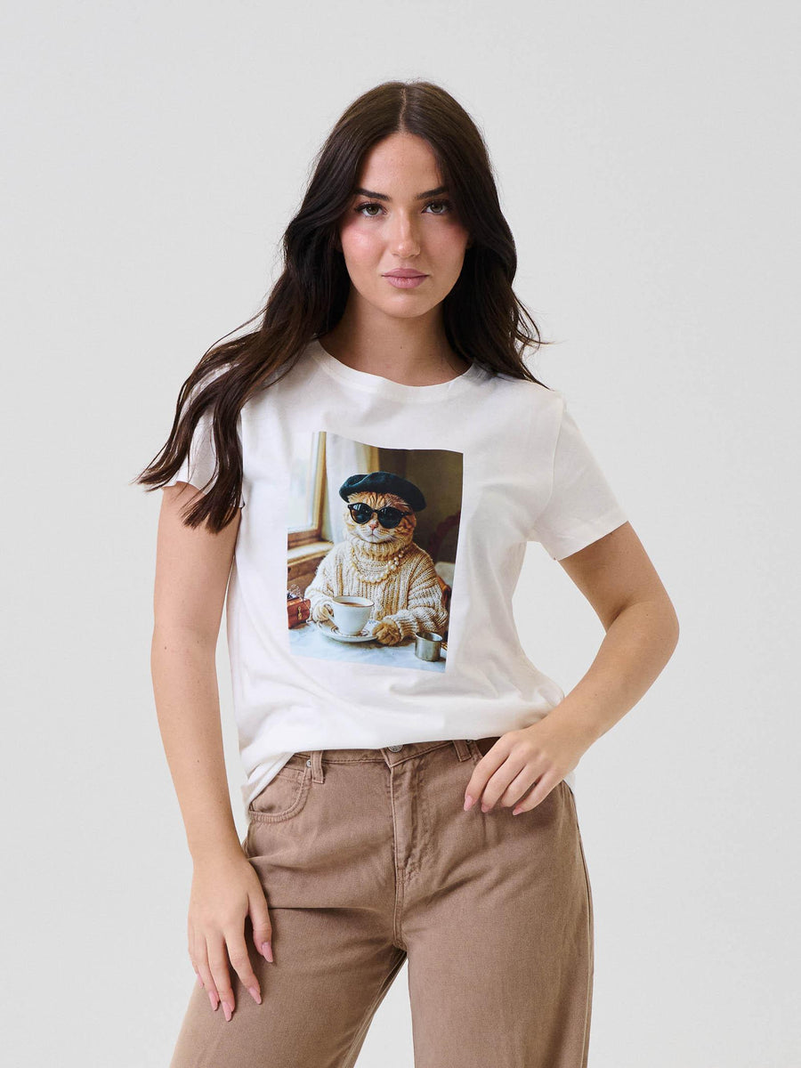 T-Shirt Vicolo bianca con stampa gattino con cappello e occhiali RF0284 BIA Vicolo 
