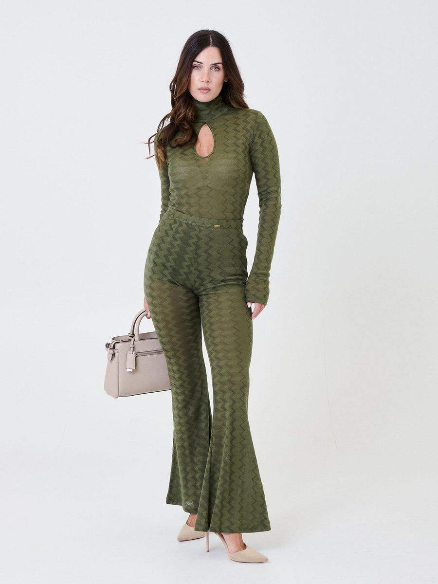 Pantalone a zampa Pho Firenze verde militare con motivo a zig zag 5424015 MILITARY PHO FIRENZE 