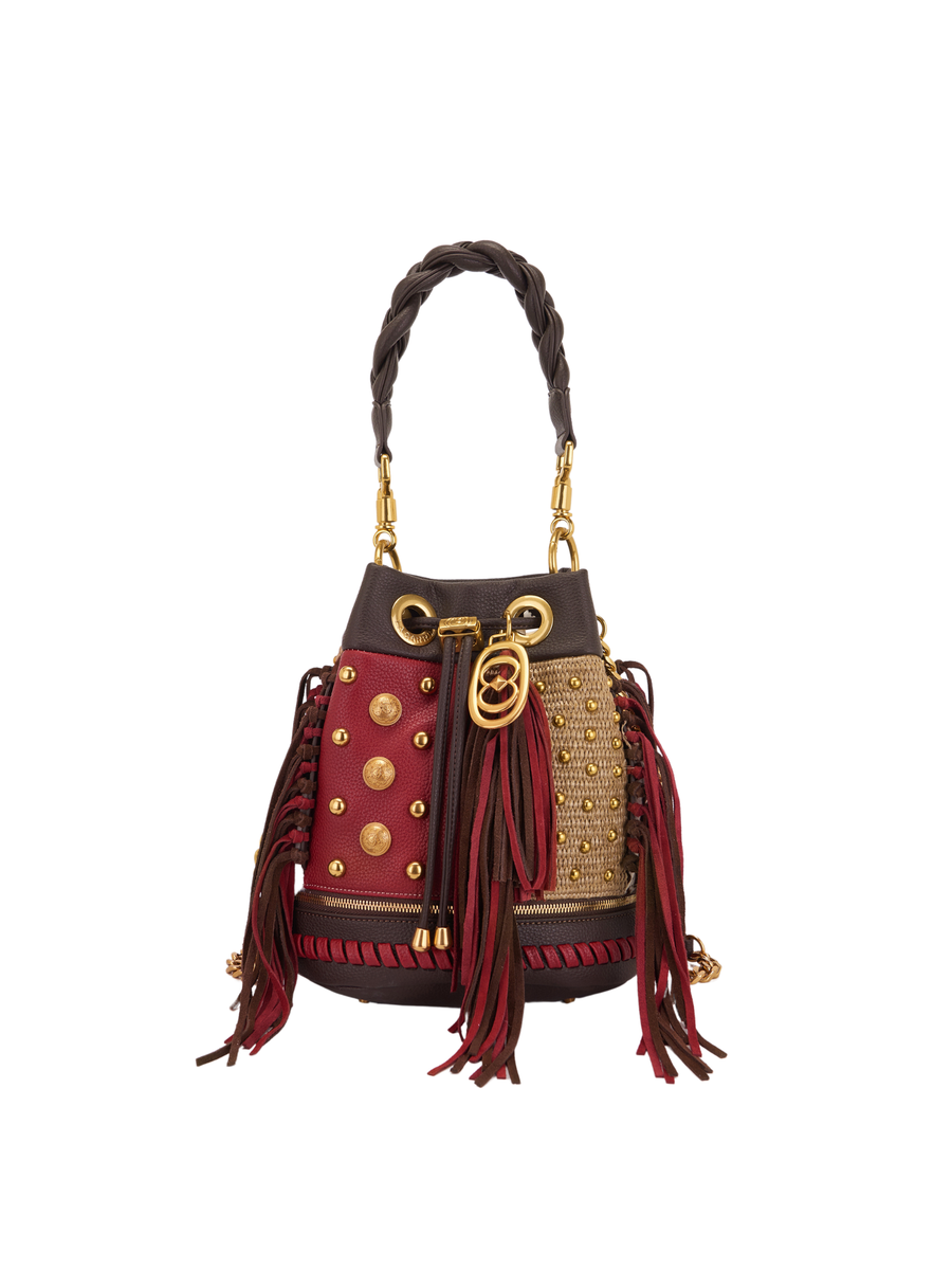 Borsa a secchiello La Carrie Bag marrone intrecciata con borchie 151MEM118SHR MUBR La Carrie Bag 