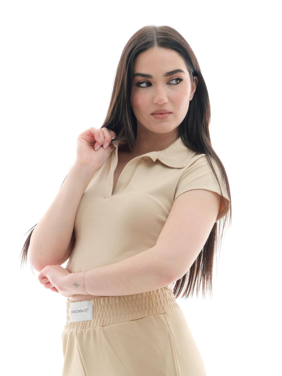 Top Hinnominate beige con colletto stile polo HMABW01505 BE33 Hinnominate 