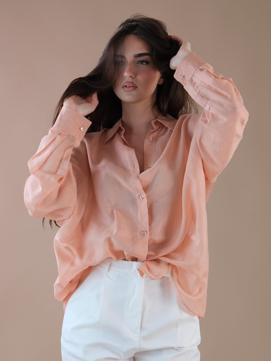Camicia over rosa pesca velata in misto cotone e seta CA59B OMBRETTO Bohemian V 