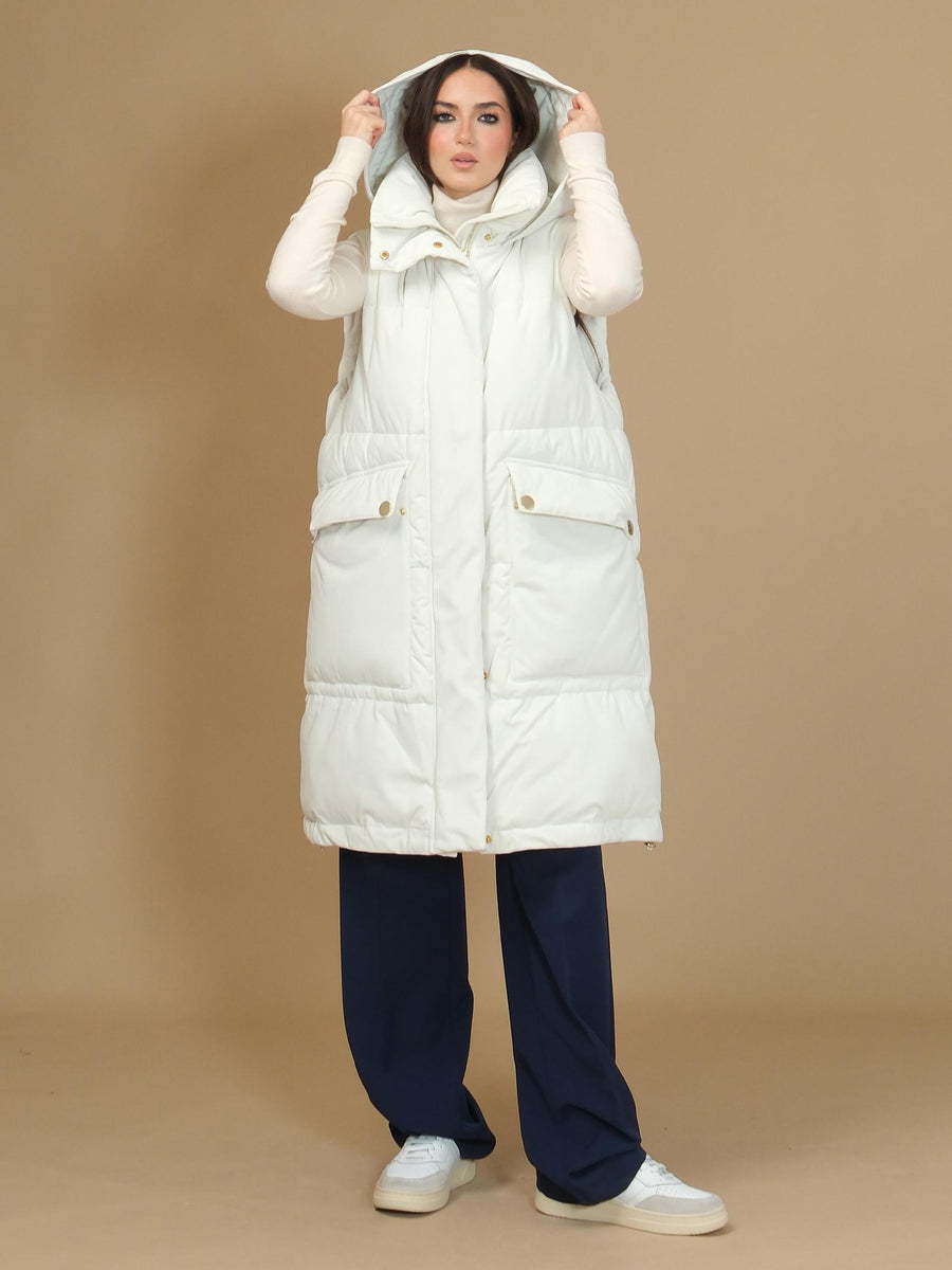 Giubbino lungo smanicato Silence Limited bianco con cappuccio 23504 Gilet Silence Limited 