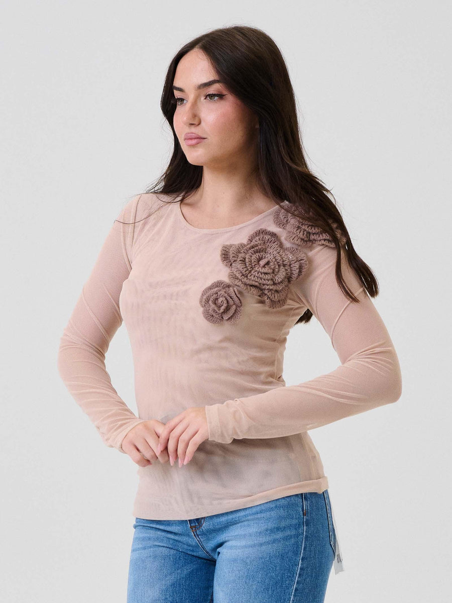 Body trasparente Pho Firenze nude con fiori in 3D in lana 4324114 NUDE/COFFEE PHO FIRENZE 