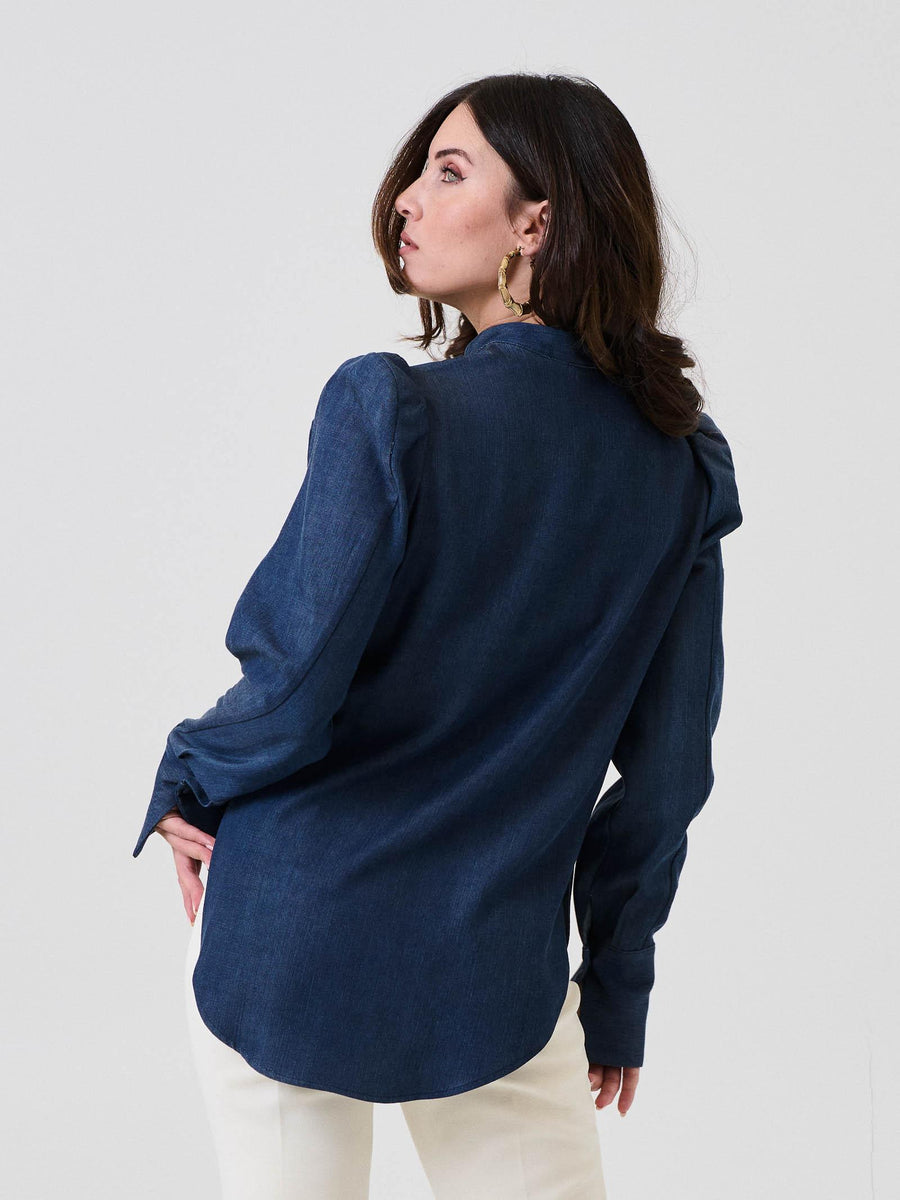 Camicia plissé Bohemian Vì in denim con colletto alla coreana CA277B BLUE Bohemian V 