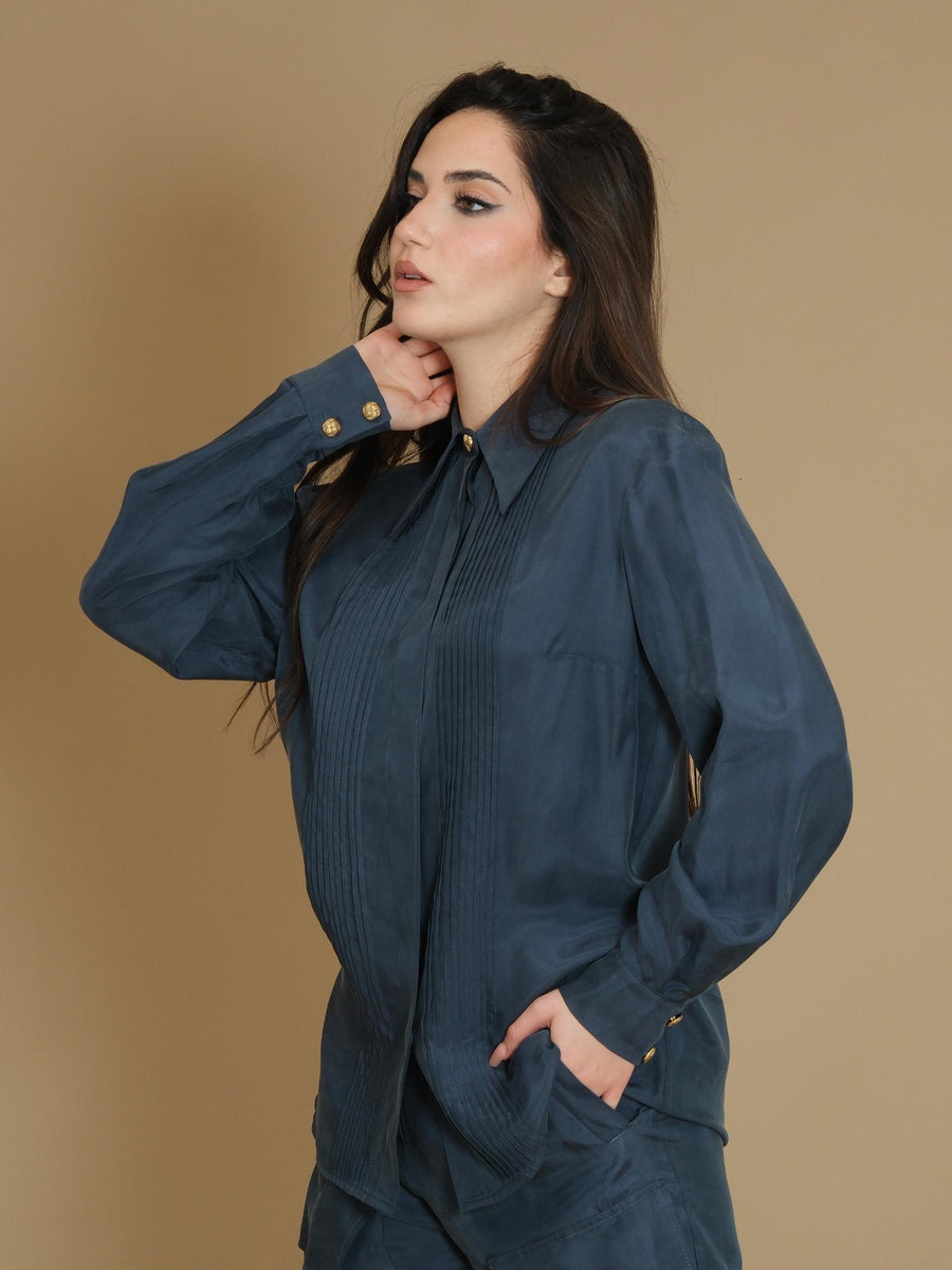 Camicia fluida Silence Limited blu plissè frontale CA761 BLU Silence Limited 