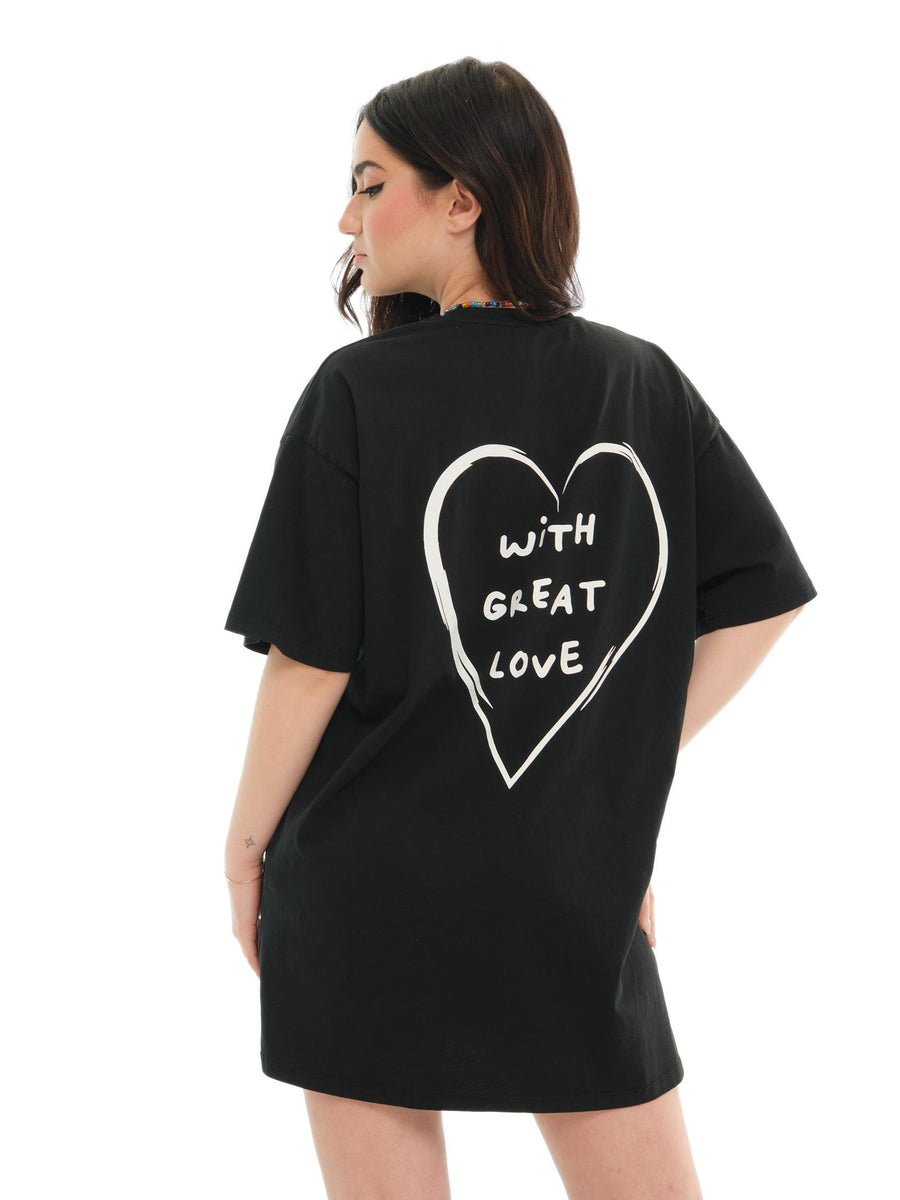 Maxi T-Shirt Vicolo nera "do small things" con collana RD0507 NE Vicolo 