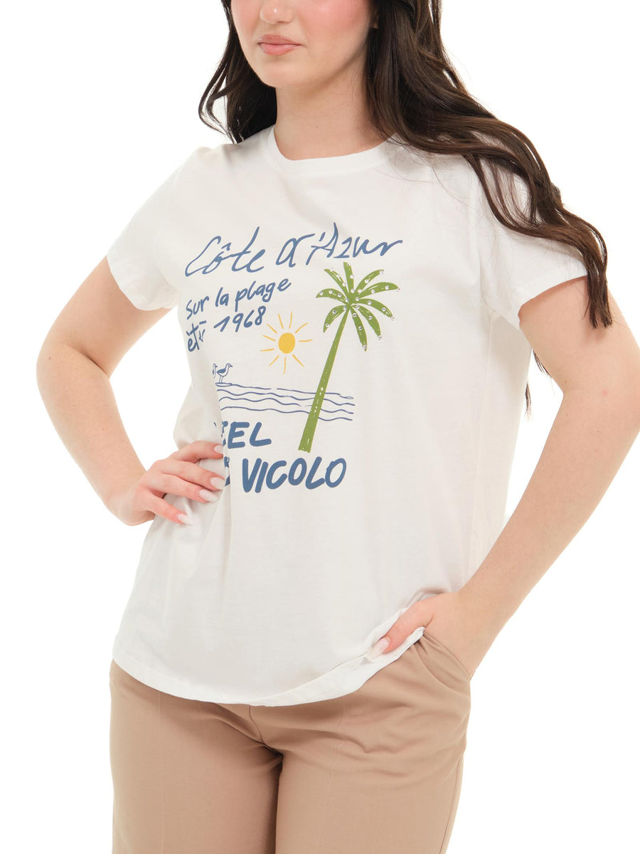 T-Shirt Vicolo bianca "cote d'Azur" con strass RD1053 BIA Vicolo 