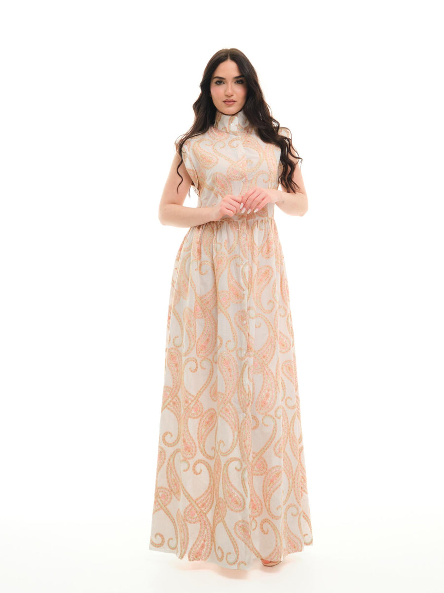 Abito senza maniche Bohemian Vì bianco e rosa con ricamo paisley AB182 UNI Bohemian V 