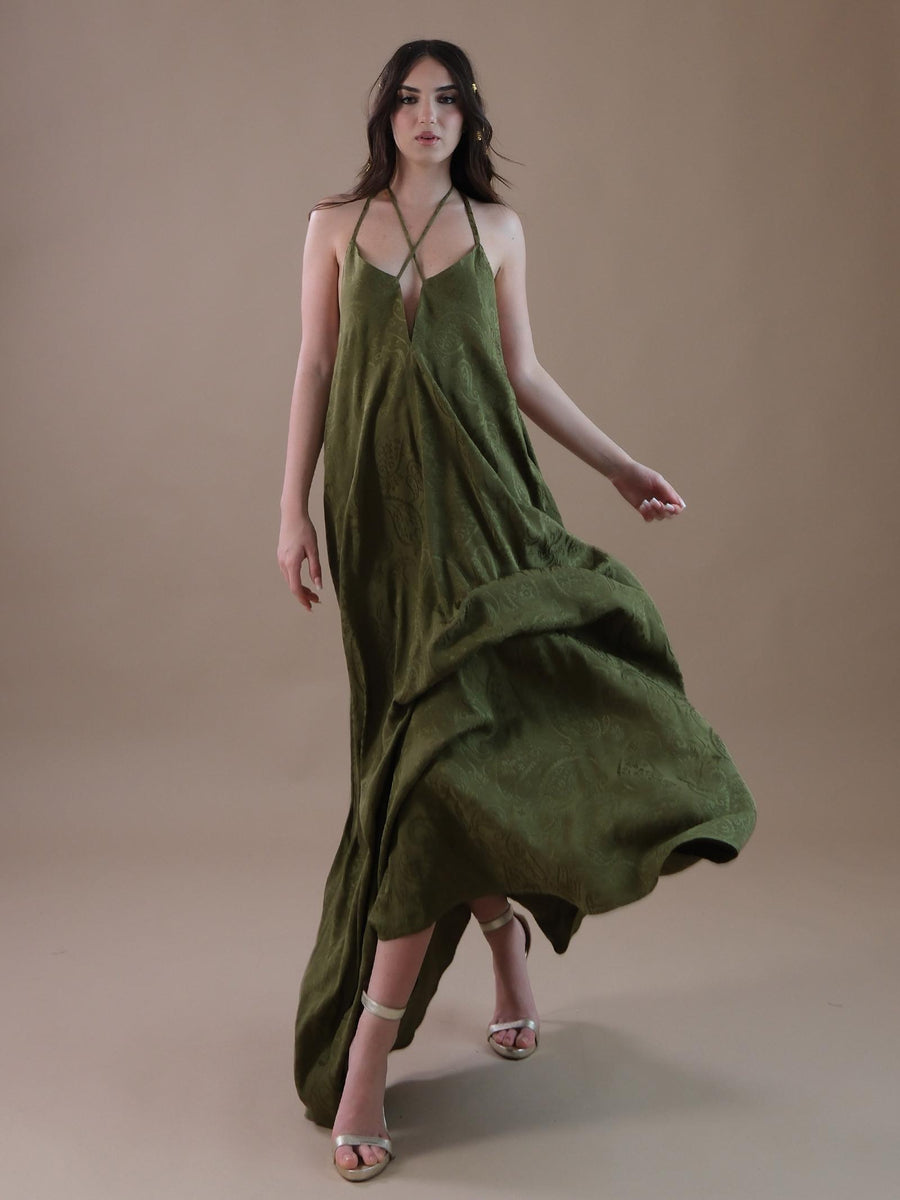 Abito lungo fantasia damascata verde militare AB65 MILITARE Bohemian V 