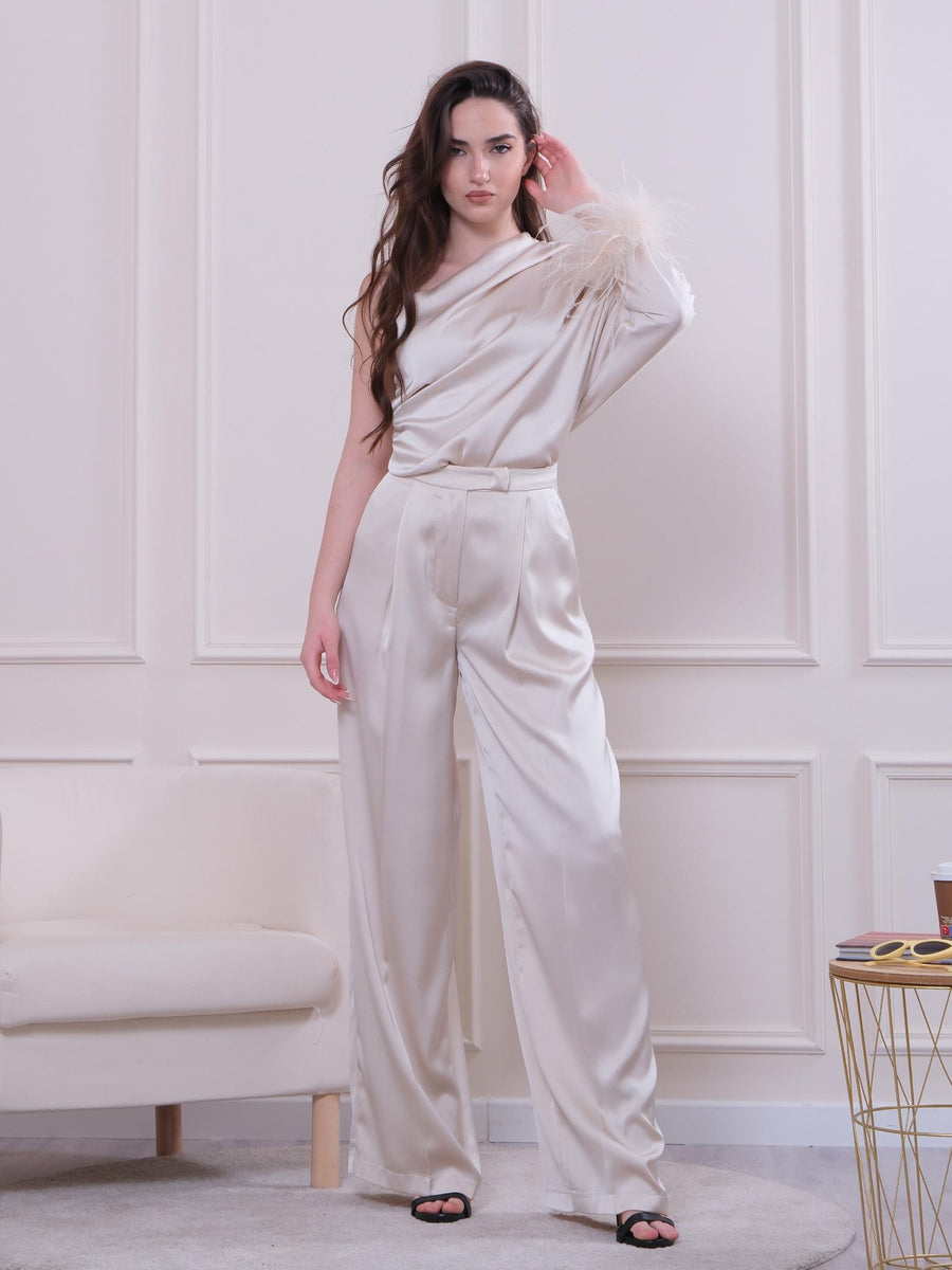 Abito monospalla crema in raso con piume al polso CA748 CREAM Silence Limited 