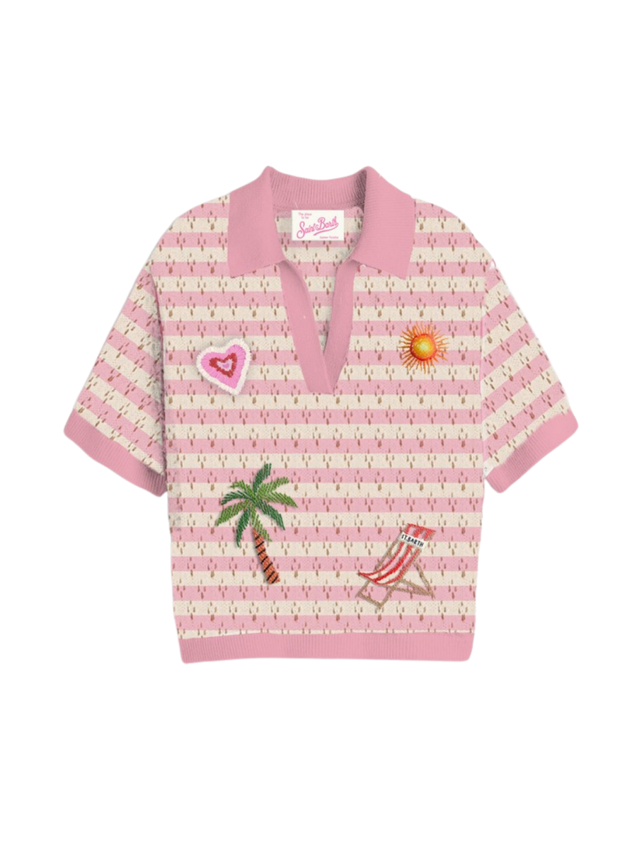 Polo Saint Barth rosa con ricami estivi e fantasia a righe PIX0002 00381H MC2 SAINT BARTH 