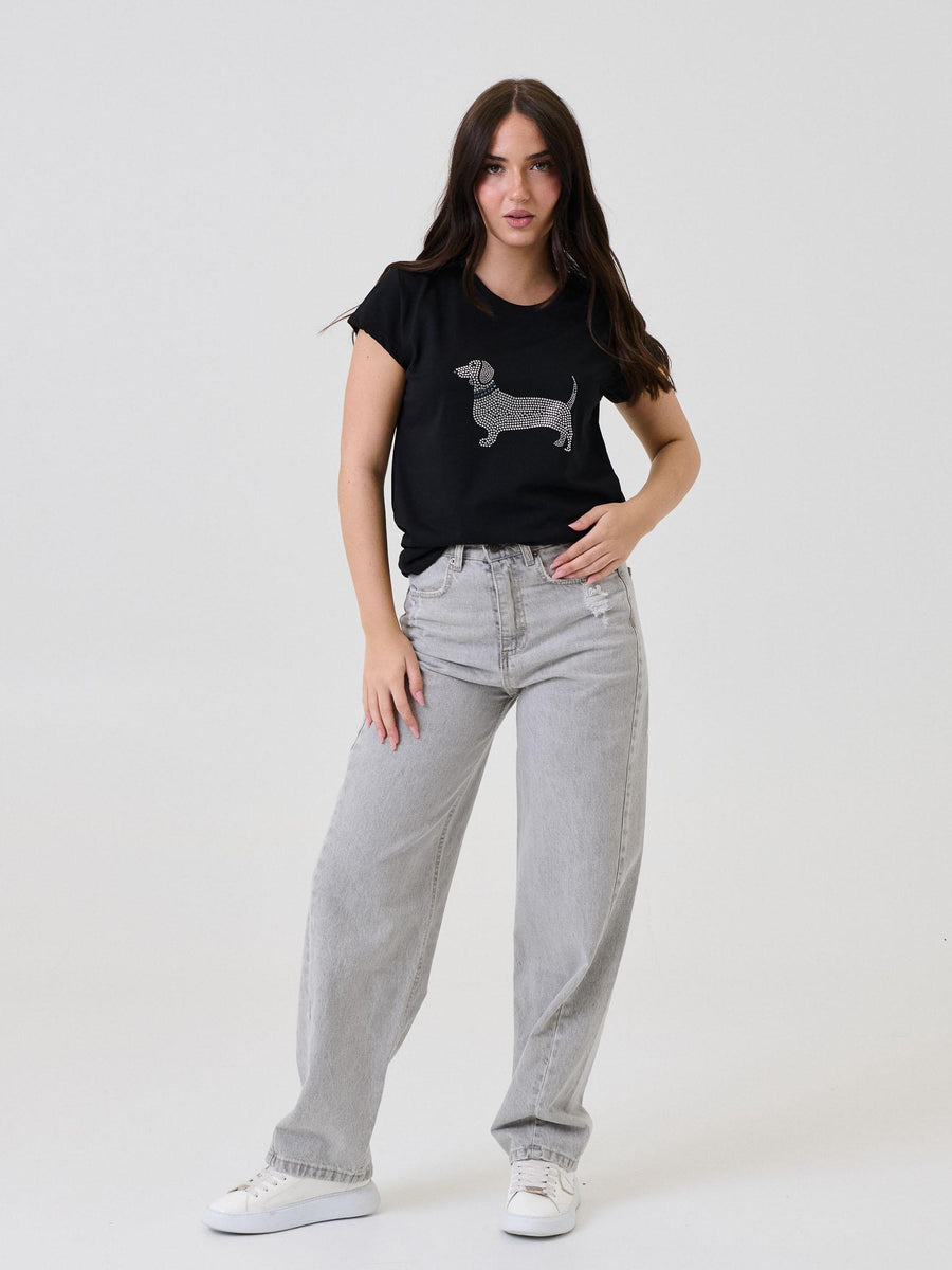 T-Shirt Vicolo nera con bassotto in strass RF0109 NE Vicolo 