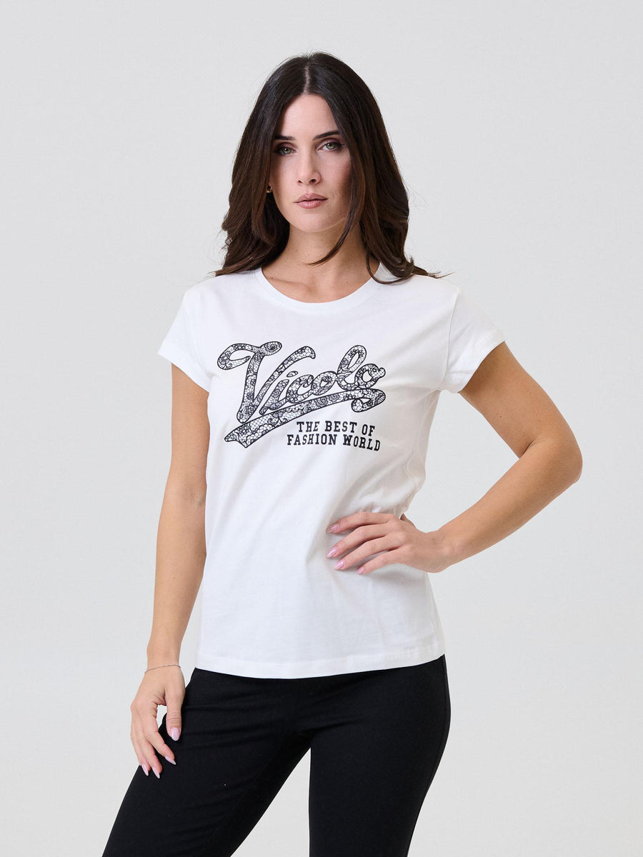 T-Shirt Vicolo bianca con stampa logo fantasia in pizzo RF0443 UNI Vicolo 