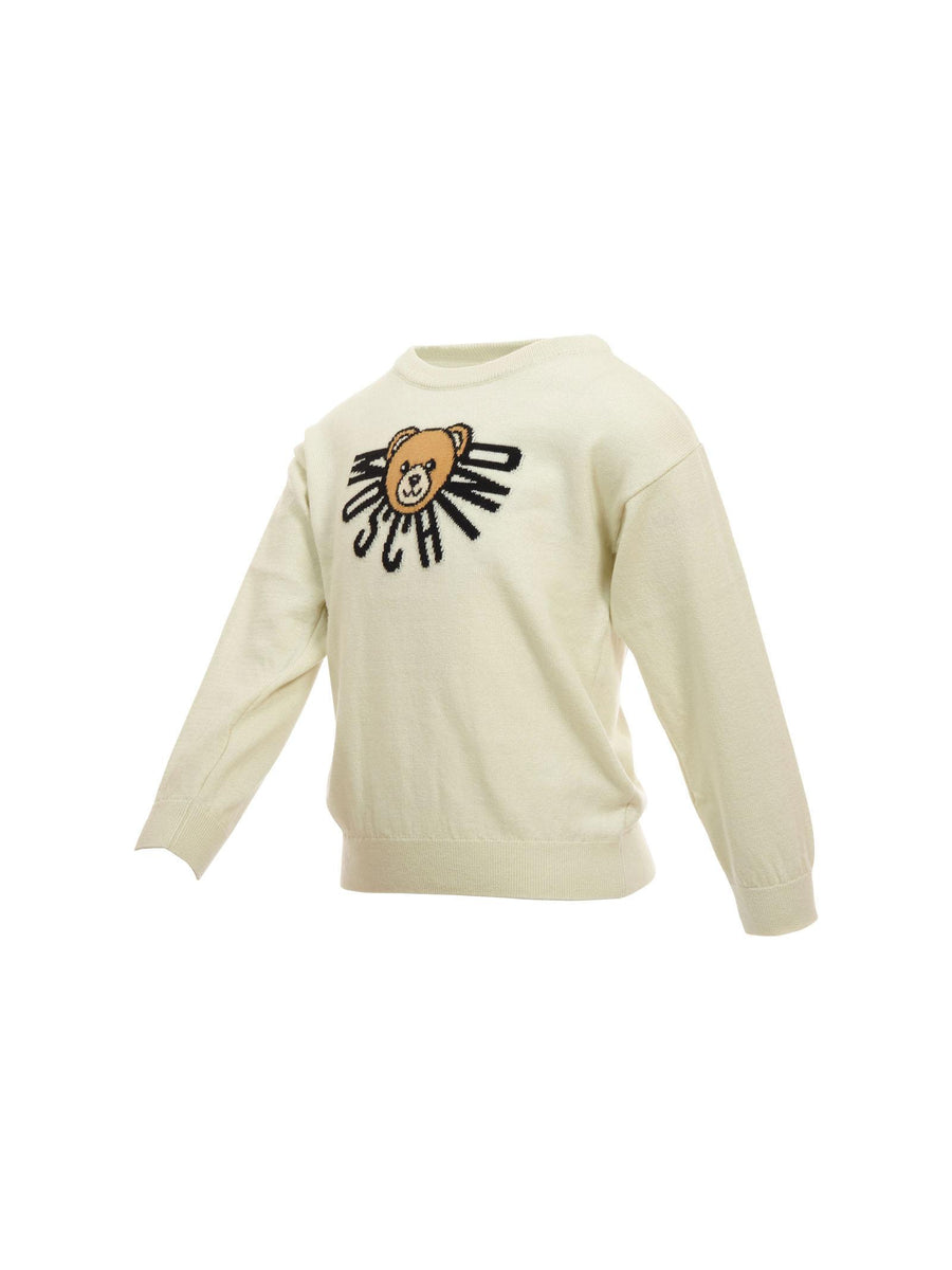 Maglione Moschino bianco panna con ricamo teddy e logo attorno HUW01A 10063 Moschino 