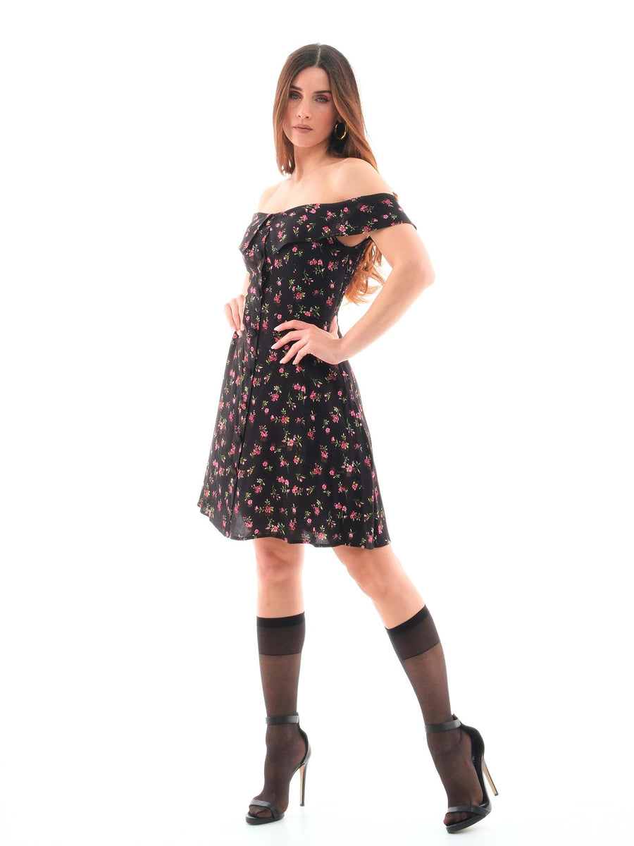 Abito Mar De Margaritas nero floreale con bottoni frontali e maniche a volant MMABW01154 NE76 Mar De Margaritas 