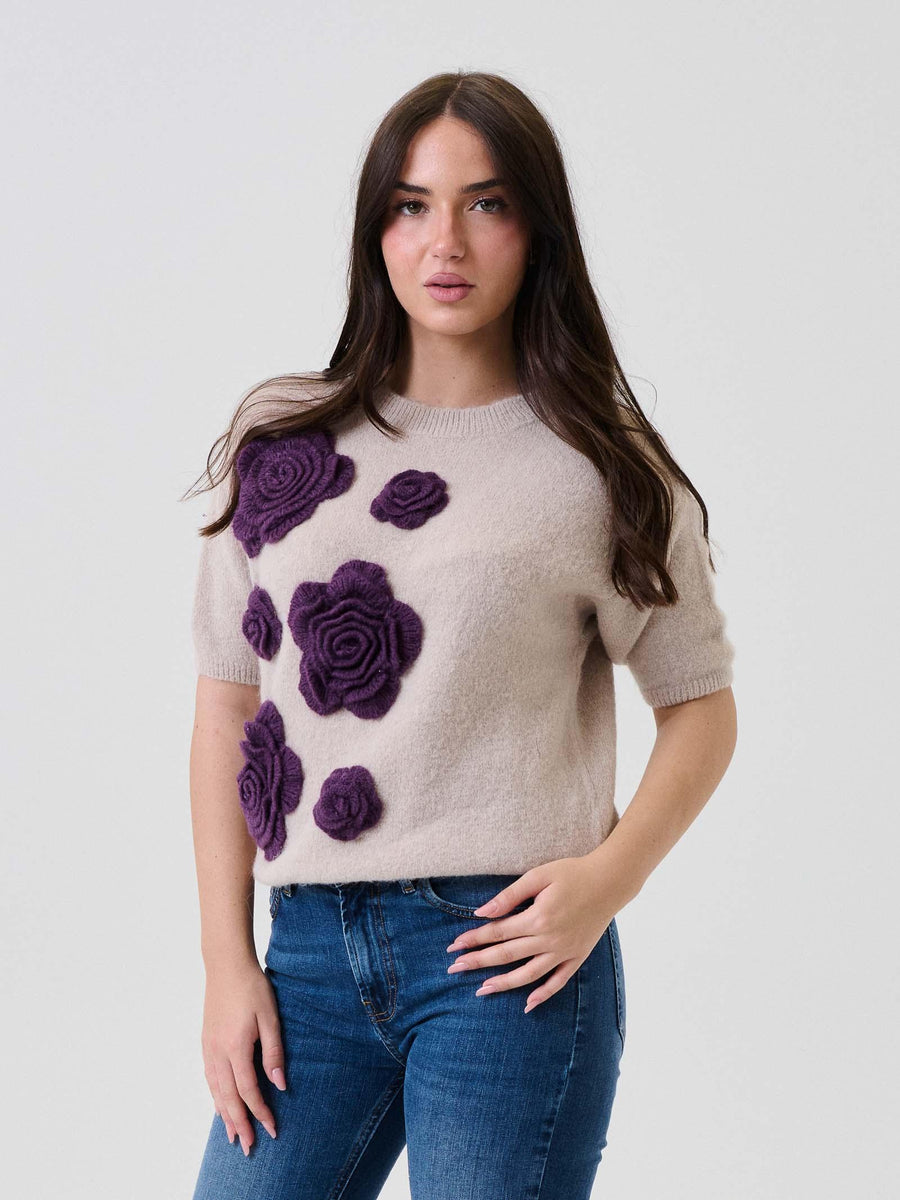 Maglia a mezze maniche Pho Firenze in lana beige con fiori viola in 3D 4324014 NUDE/BERRY PHO FIRENZE 