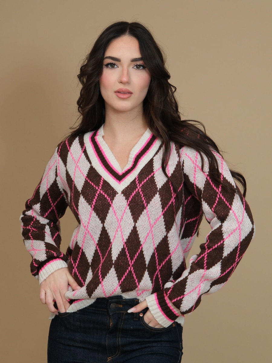 Maglione Haveone fuxia e marrone con rombi all over MNCM225 FUX/MARR Haveone 