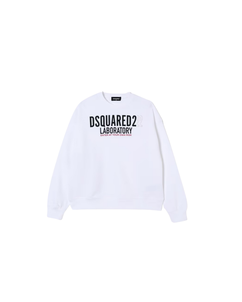Felpa Dsquared bianca con logo lettering davanti e stampa laterale dietro DQ3006 DQ100 Dsquared 