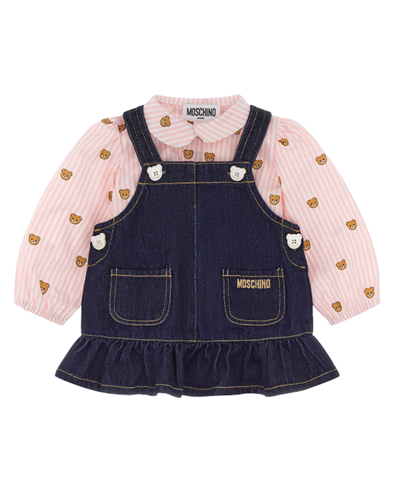 Salopette con camicia Moschino in denim rosa e blu con orsetti stampati MDK036 40109 Moschino 