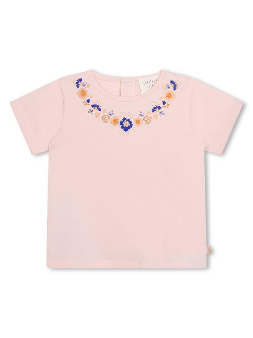 T-shirt rosa con stampa fiori blu e arancio al collo Y30117 43B Carrement Beau 